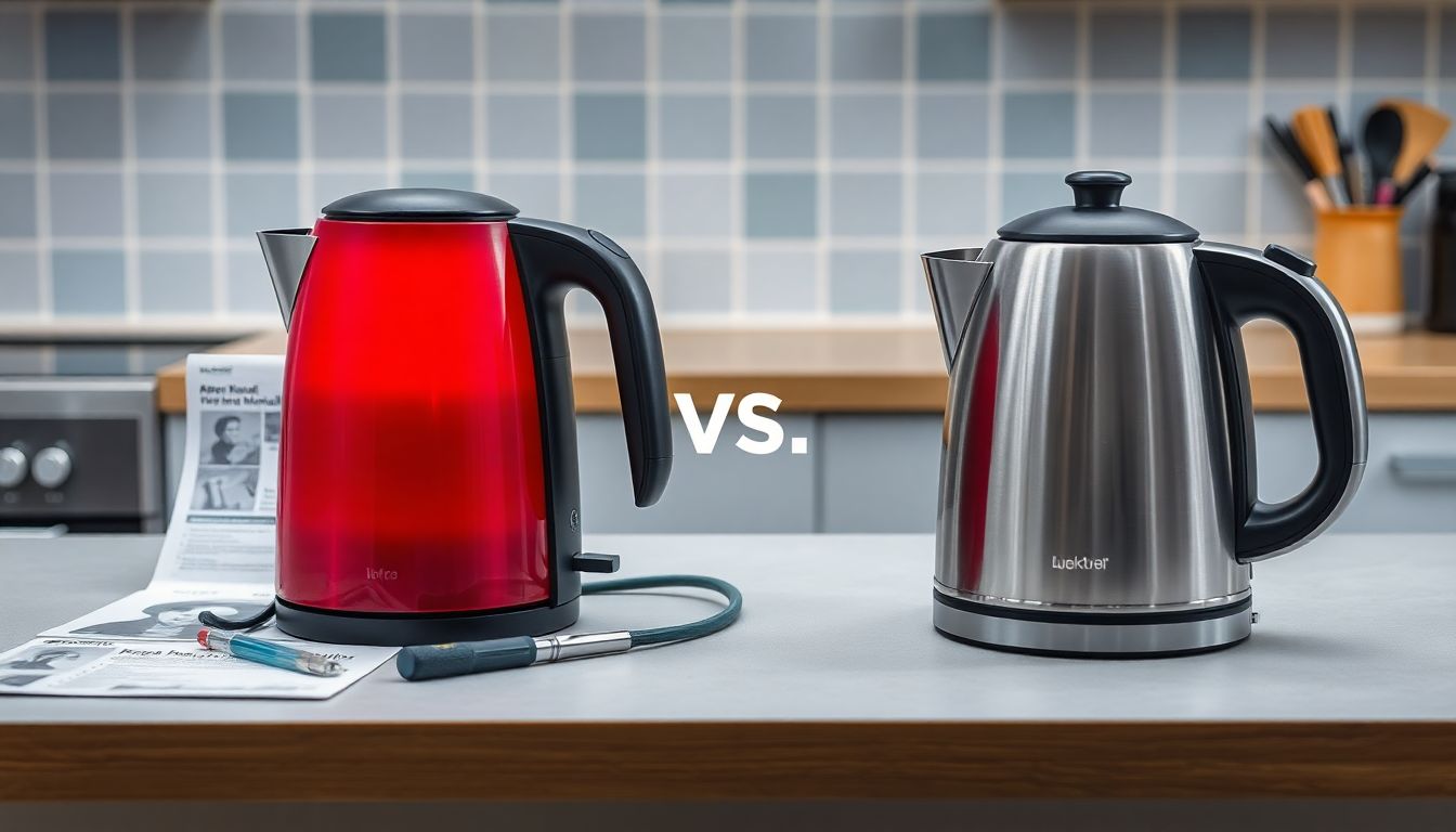 Ein Wasserkocher mit rot blinkender Kontrollleuchte steht auf einer Küchenarbeitsplatte. Daneben liegen eine Reparaturanleitung und Werkzeuge. Auf der anderen Seite ist ein neuer, preiswerter Wasserkocher unter 40 Euro zu sehen.