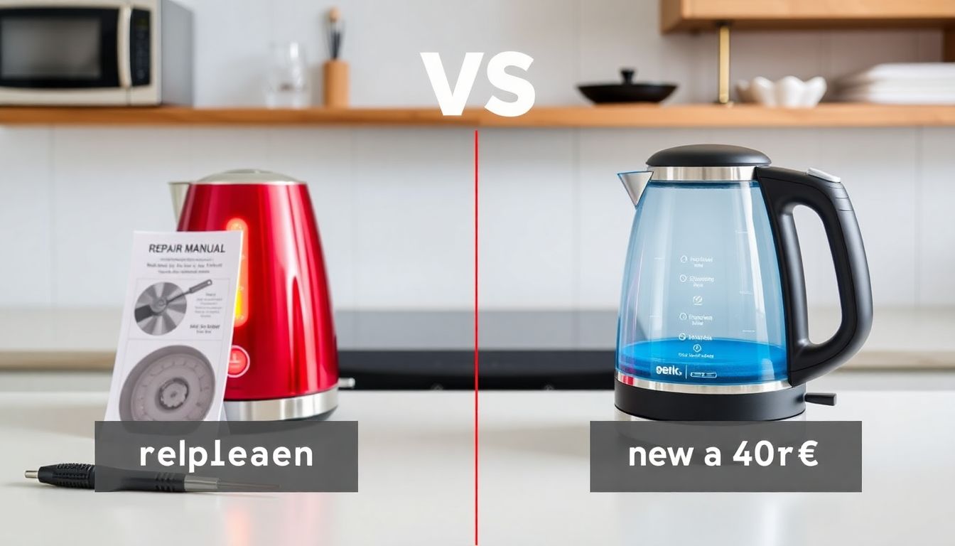 Ein rot blinkender Wasserkocher auf einer Küchenarbeitsplatte. Links liegen eine Reparatur-Anleitung und Werkzeuge, rechts steht ein neuer Wasserkocher mit einem Preisschild unter 40 Euro. Das Bild visualisiert die Entscheidung zwischen Reparatur und Neukauf.