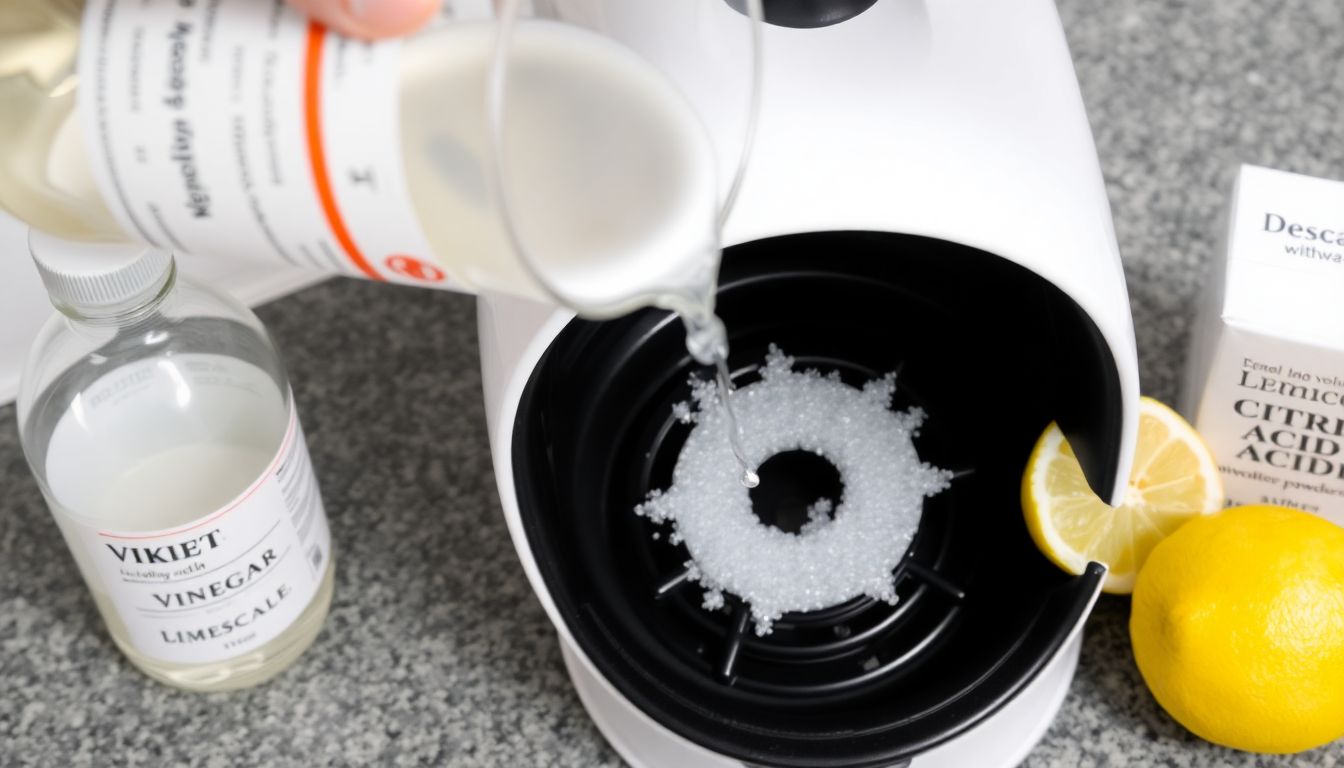 Nahaufnahme eines weißen Wasserkochers beim Entkalken. Eine Hand gießt Essig oder Zitronensäure in die Öffnung. Kalkablagerungen sind auf dem Heizelement sichtbar. Daneben auf der Arbeitsplatte stehen Entkalkungsmittel: eine Flasche Essig, eine halbe Zitrone und eine Packung Zitronensäure-Pulver.