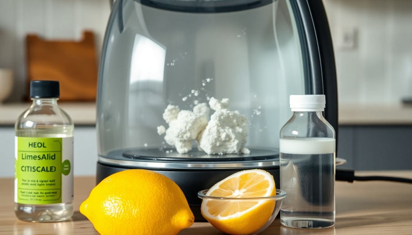 Ein Wasserkocher mit Kalkablagerungen im Inneren, daneben Hausmittel wie Zitronensäure, Zitrone und Essig zur Entkalkung.