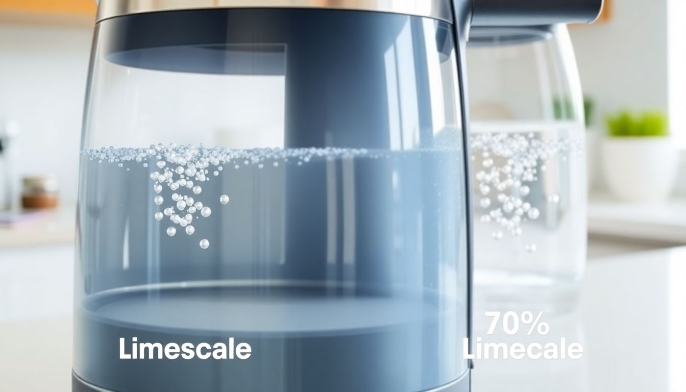 Ein moderner Wasserkocher mit sichtbarem Kalkfilter, der sauberes gefiltertes Wasser im Vergleich zu ungefiltertem Wasser mit Kalkablagerungen zeigt und eine 70%ige Kalkreduktion demonstriert.