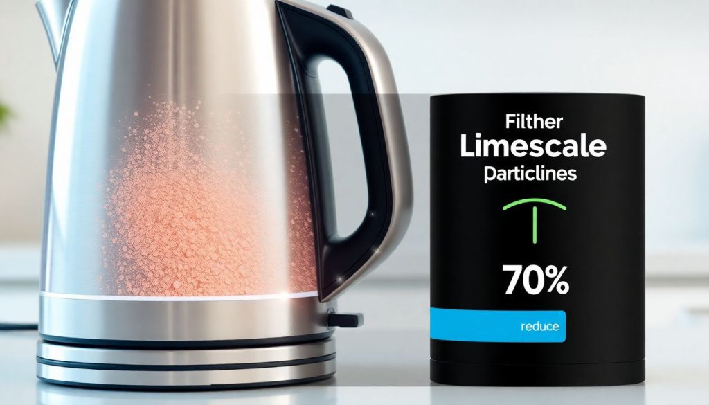 Wasserkocher mit Kalkablagerungen und Wasserfilter, der Kalk um 70% reduziert