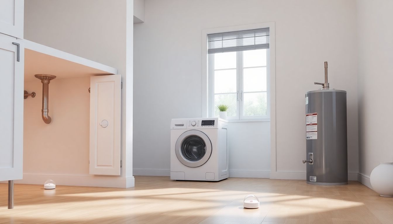 Drei verschiedene Wassersensoren zur intelligenten Überwachung von Wasserleitungen in einem modernen Zuhause, platzt unter einer Spüle, neben einer Waschmaschine und an einem Boiler, um Wasserschäden zu verhindern.