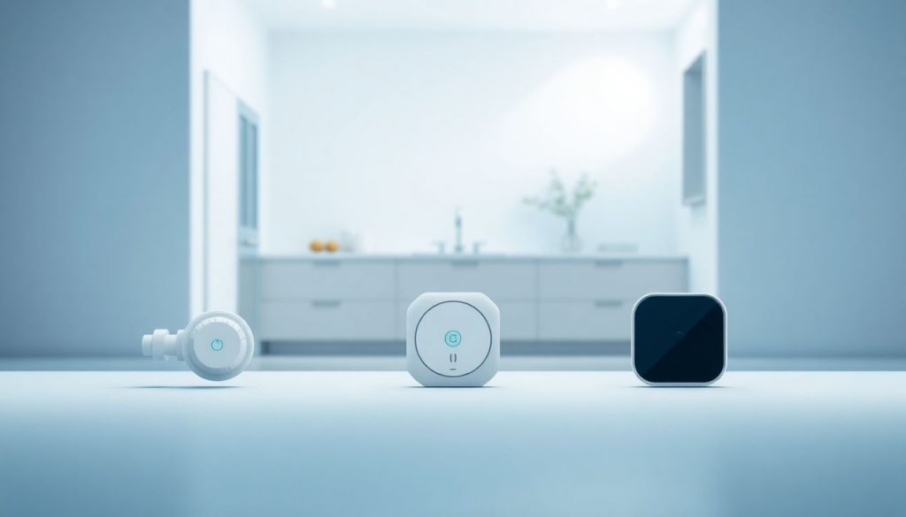 Header-Bild: Drei verschiedene intelligente Wassersensoren in einer modernen Wohnumgebung zur Schadensprävention.