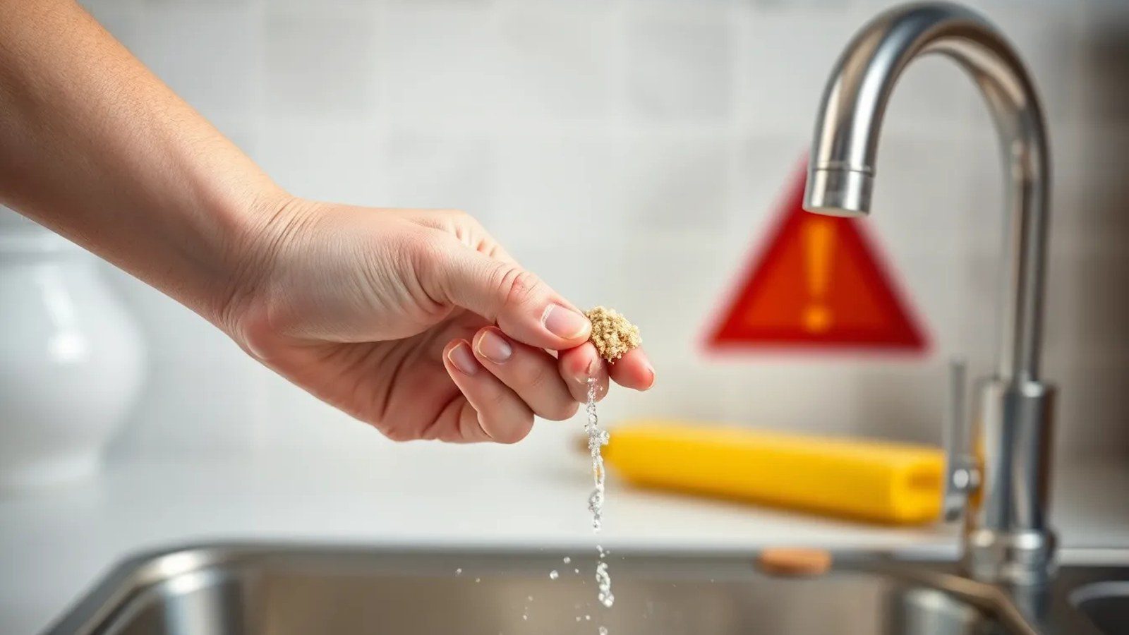 Eine Hand hält Backpulver und Essig über einem Küchenabfluss, im Hintergrund ist ein rotes Warnsymbol zu sehen.