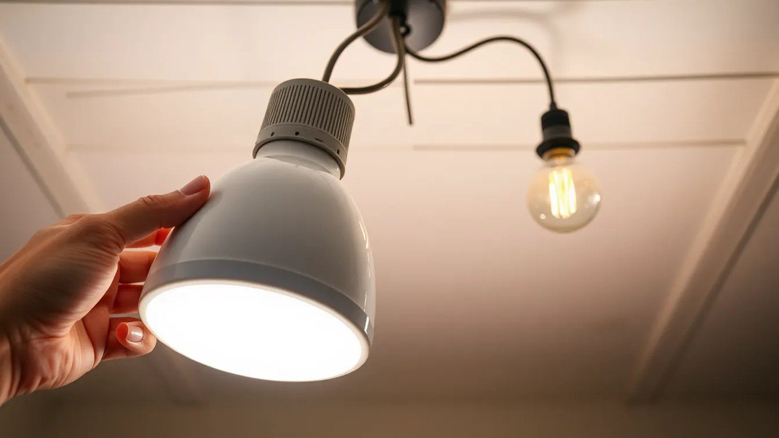 Eine Hand hält eine moderne LED-Deckenleuchte vor eine historische Altbau-Stuckdecke mit einem alten Kabelauslass.