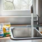 Natron und Essig zur Abflussreinigung neben einer Küchenspüle