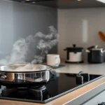 Moderne Abzugshaube in einer Küche im Einsatz über einem Kochfeld.