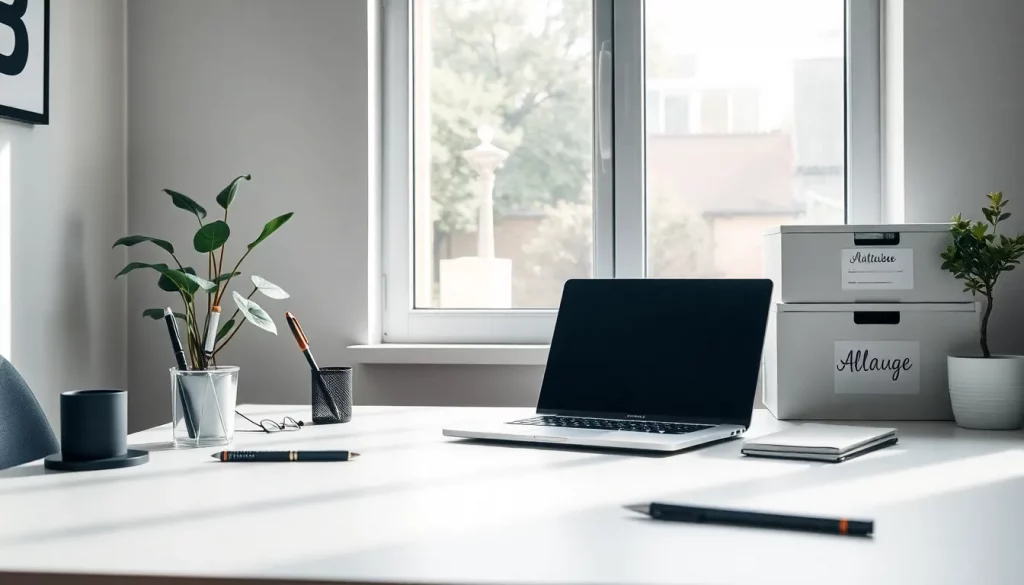 Sauber organisierter Schreibtisch mit Ablagesystemen in einem Homeoffice
