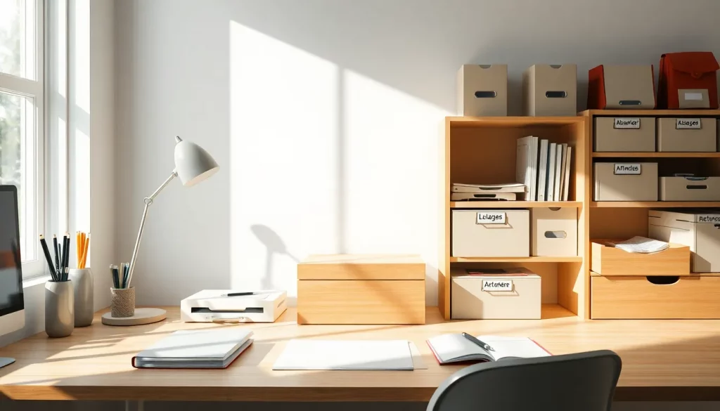 Sauber organisierter Schreibtisch mit Ablagesystemen und Aktenschrank