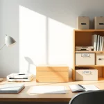 Sauber organisierter Schreibtisch mit Ablagesystemen und Aktenschrank