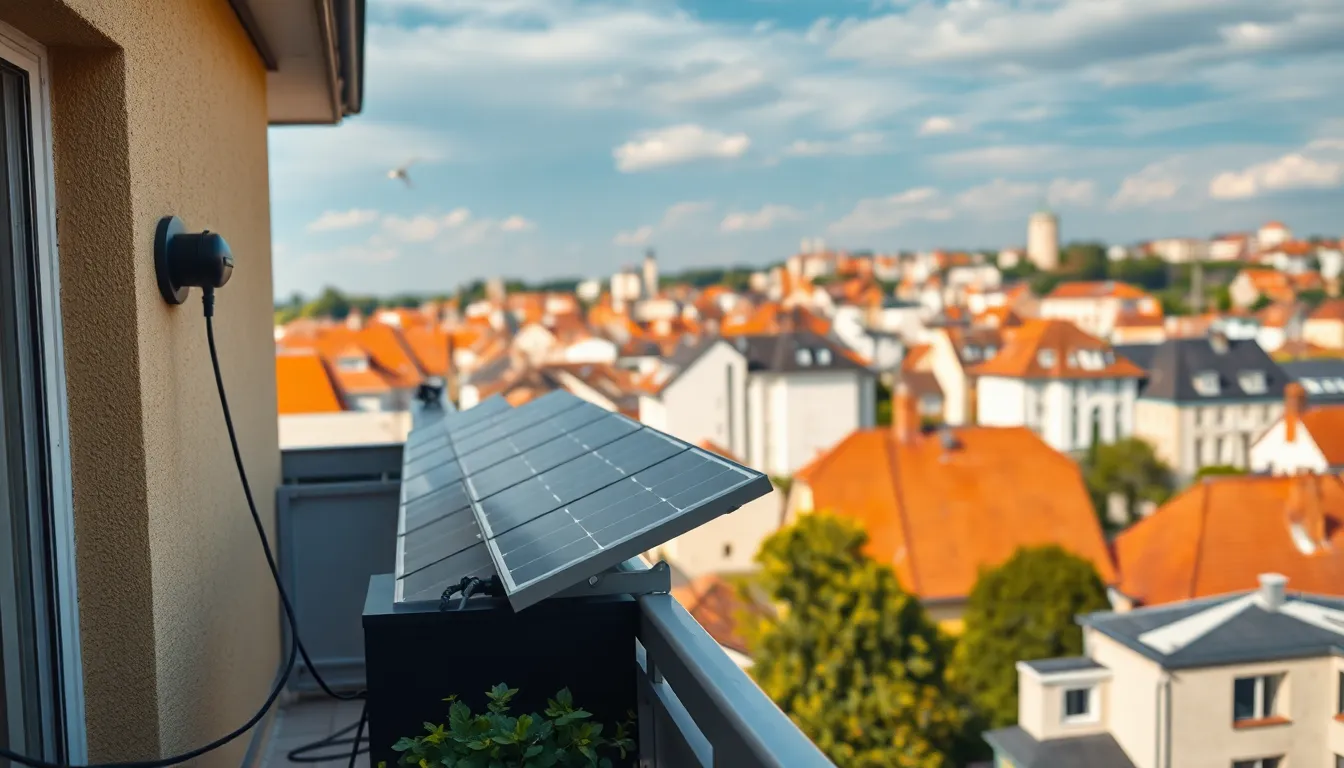 Ihr Balkonkraftwerk auf dem Balkongeländer mit Blick auf eine sächsische Stadt.