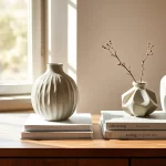 Stilvoll arrangierte Deko-Objekte in Trendfarben auf einem Sideboard