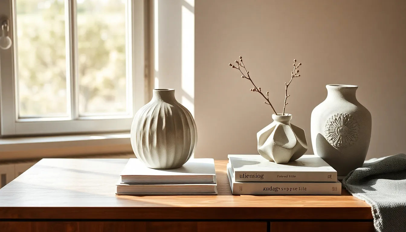 Stilvoll arrangierte Deko-Objekte in Trendfarben auf einem Sideboard