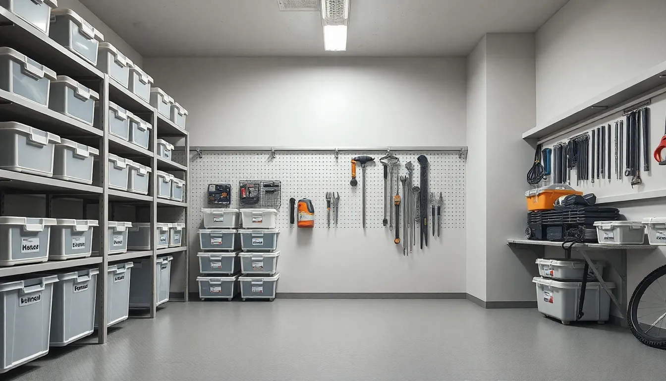 Organisierter und aufgeräumter Keller mit Regalen und durchsichtigen Aufbewahrungsboxen