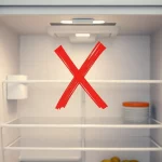 Kühlschrank mit falsch eingestellter, zu niedriger Temperatur, markiert mit einem roten X.