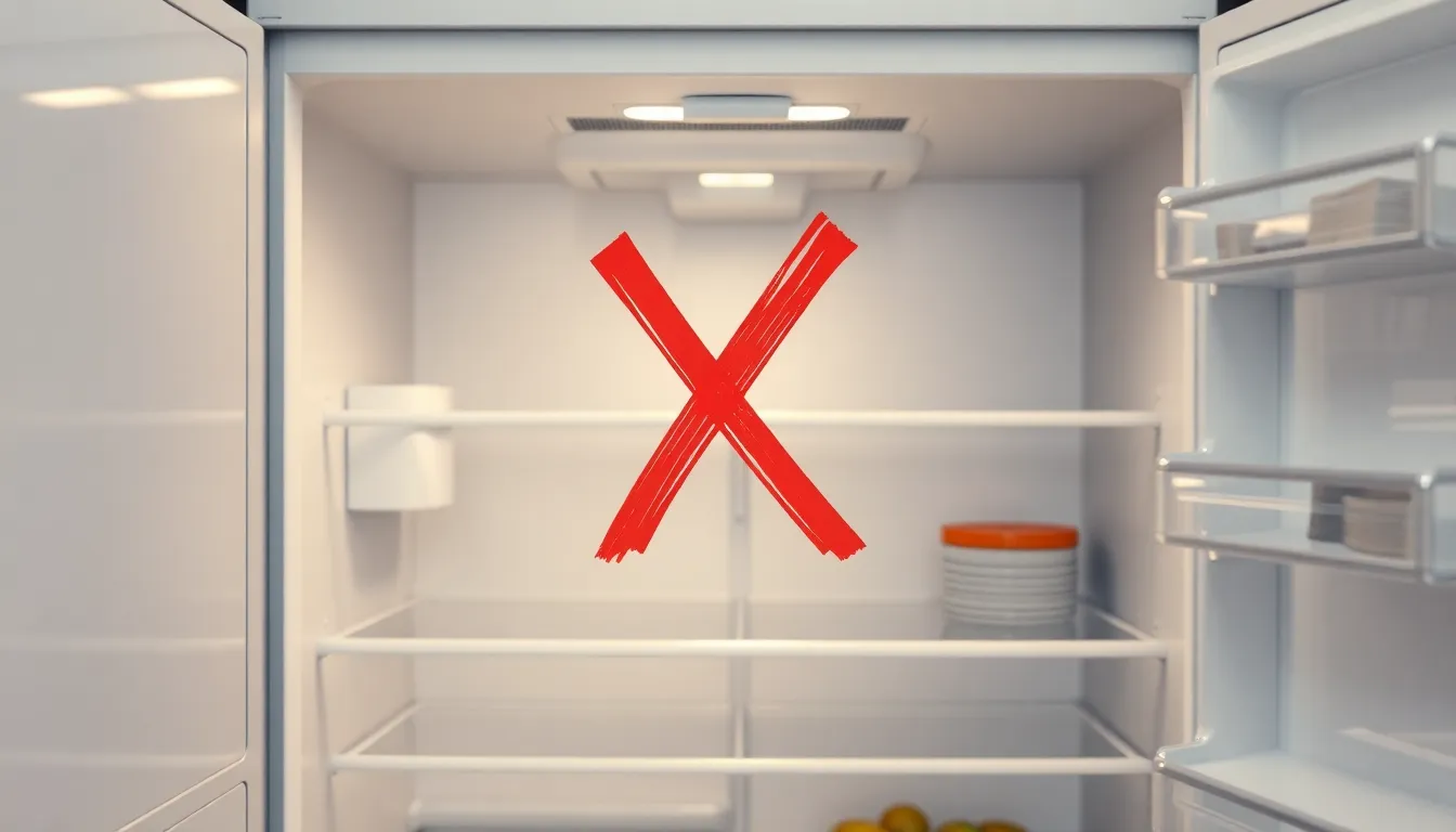 Kühlschrank mit falsch eingestellter, zu niedriger Temperatur, markiert mit einem roten X.