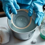 Reinigung eines Metallfettfilters einer Dunstabzugshaube in einer Schüssel mit warmem Wasser.