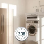 Moderner Kühlschrank und Wäschetrockner als Beispiele für energieeffiziente Haushaltsgeräte.