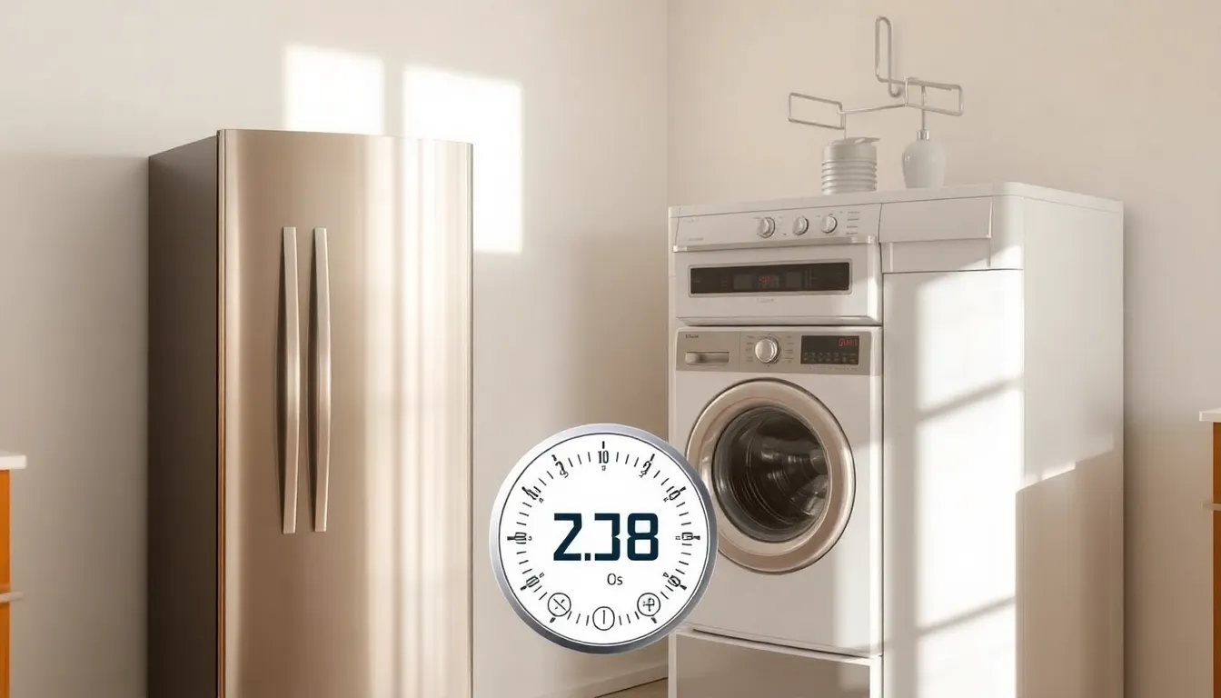 Moderner Kühlschrank und Wäschetrockner als Beispiele für energieeffiziente Haushaltsgeräte.