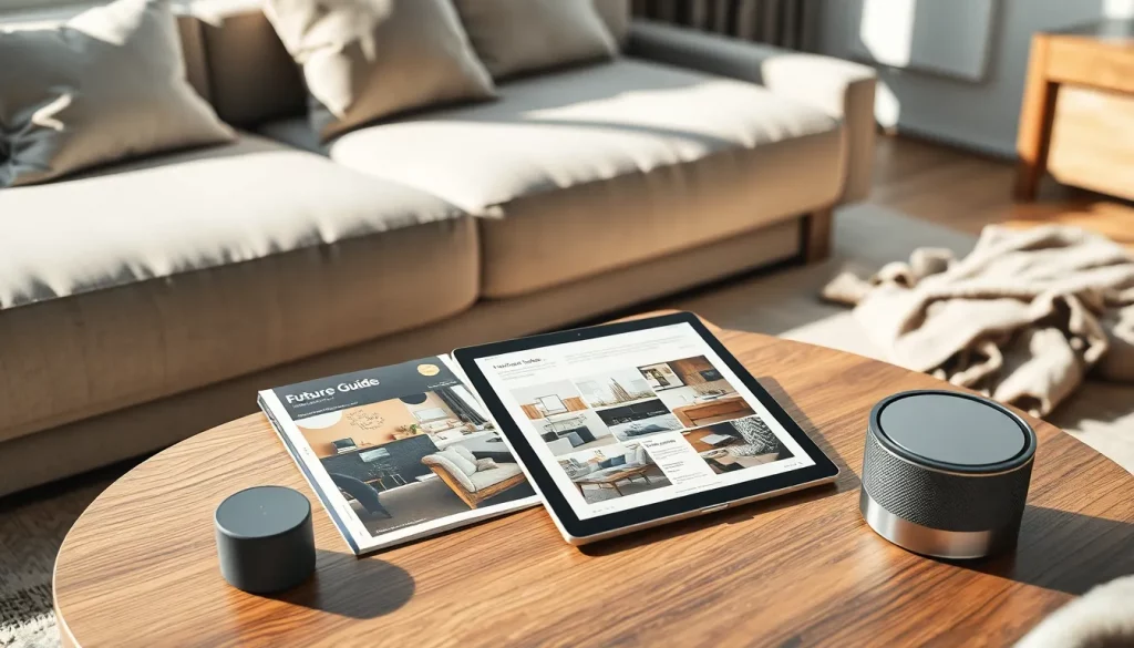 Inspirierender Wohnbereich mit Future Guide Handel Report und Einrichtungs-Moodboard für zukunftsweisendes Wohnen