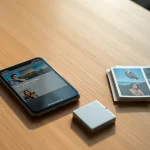 Smartphone mit geordneter Foto-App auf einem Holztisch, daneben eine Speicherkarte und ein Stapel Fotos.