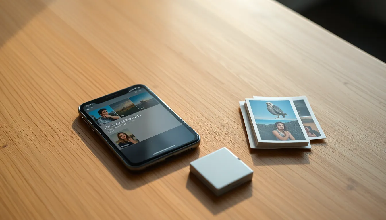 Smartphone mit geordneter Foto-App auf einem Holztisch, daneben eine Speicherkarte und ein Stapel Fotos.