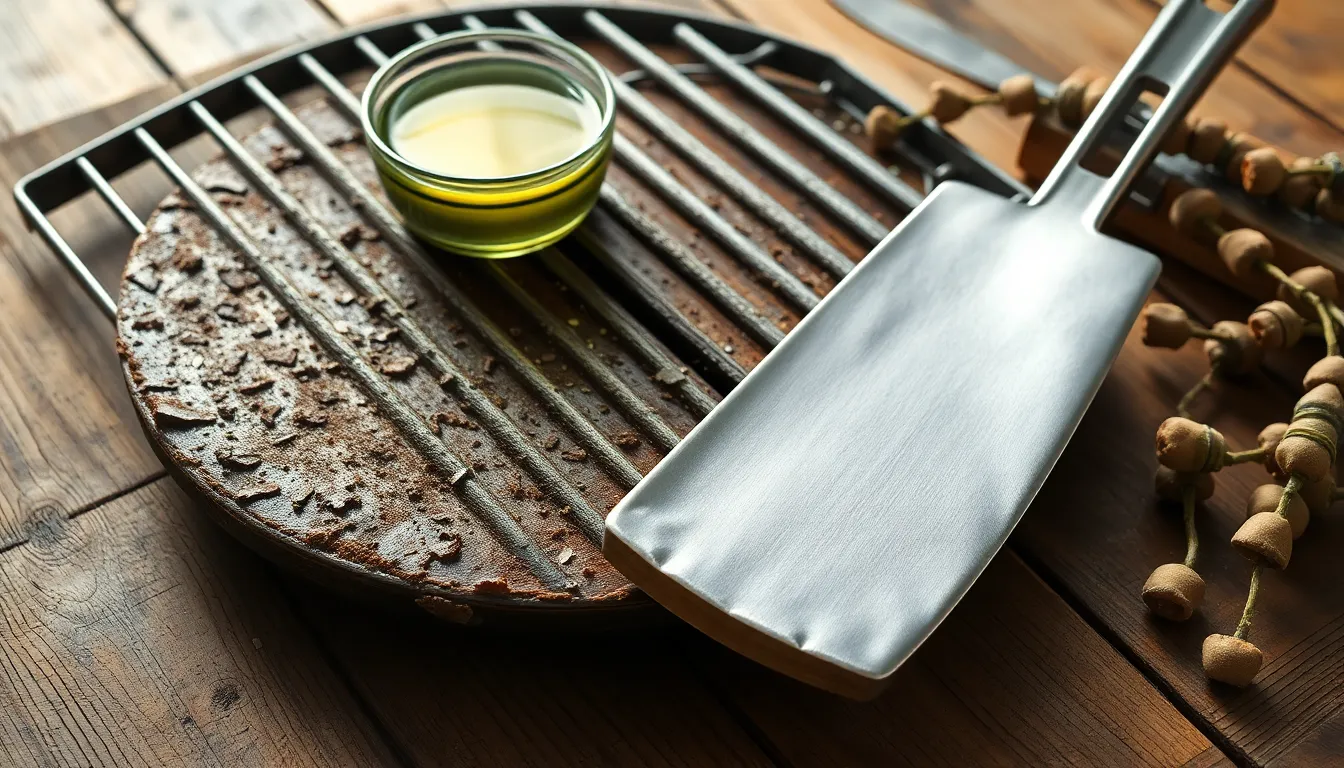 Vergleich eines schmutzigen und eines gereinigten Grillrostes mit Reinigungsutensilien