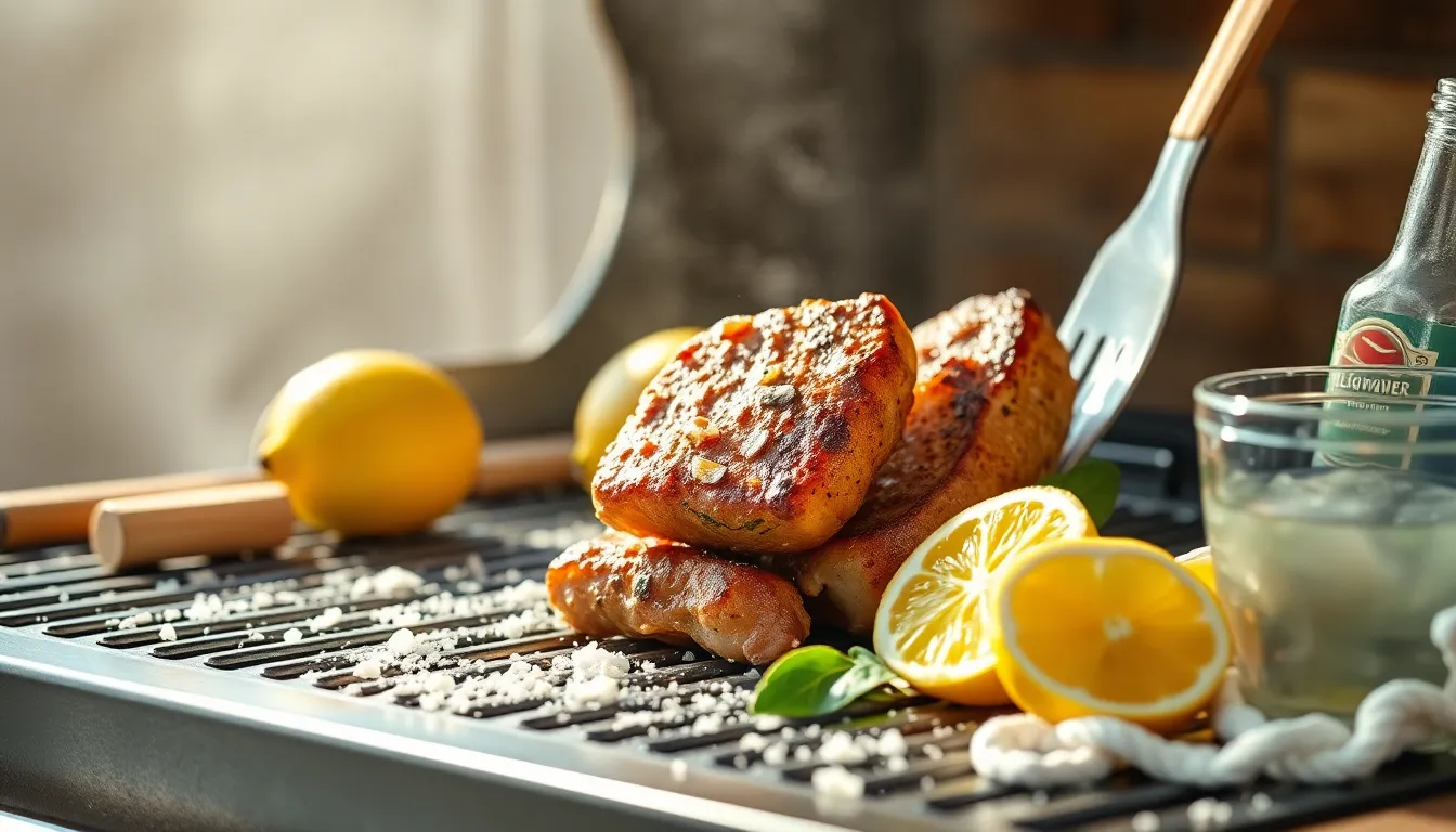 Grillrost mit sicheren Reinigungsmitteln wie Bürste, Zitrone und Seifenwasser