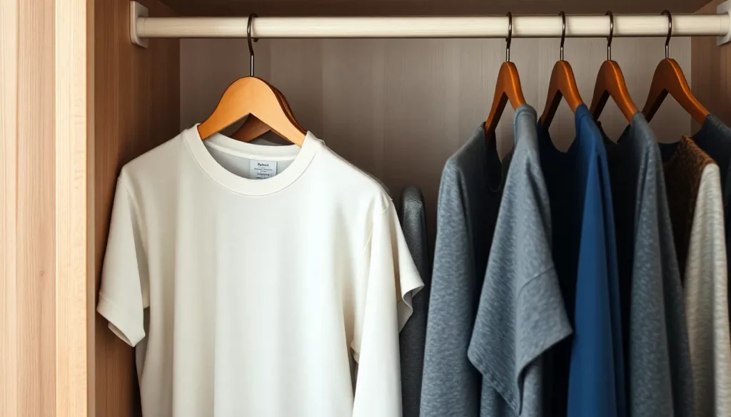 Ordnung im Kleiderschrank: Gut gefaltete und aufgehängte Kleidung in einem Schrank