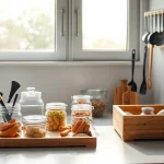 Übersichtlich organisierte Küchenarbeitsplatte mit sortierten Vorratsbehältern und Kochutensilien