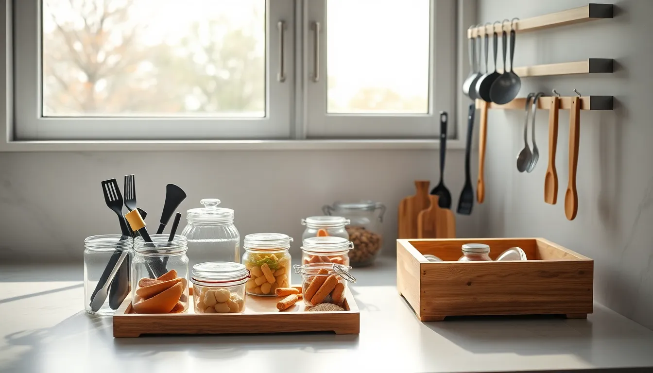 Übersichtlich organisierte Küchenarbeitsplatte mit sortierten Vorratsbehältern und Kochutensilien