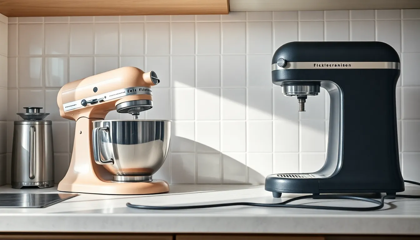 Ordentlich organisierte Küche mit griffbereiten Küchengeräten auf der Arbeitsplatte.