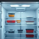 Geöffneter Kühlschrank mit Stromzähler und Rechnung als Symbol für energiesparende Nutzung