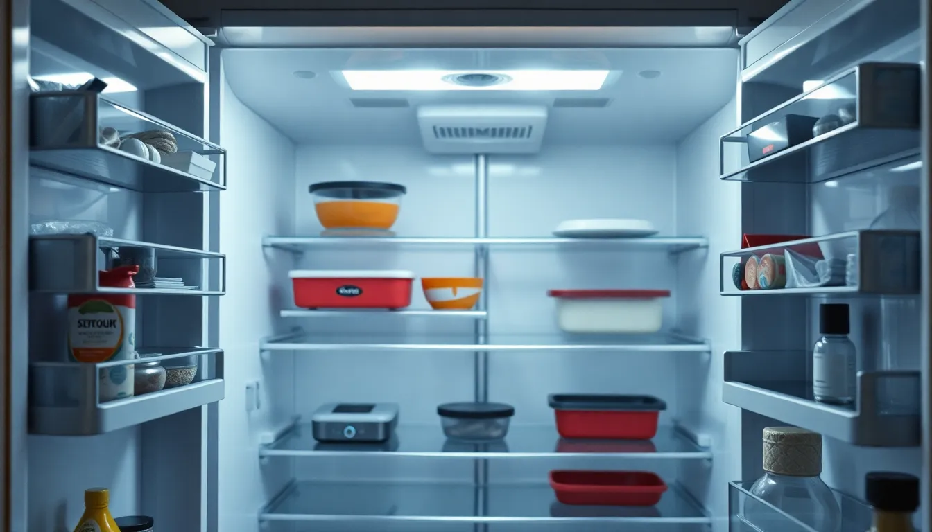 Geöffneter Kühlschrank mit Stromzähler und Rechnung als Symbol für energiesparende Nutzung