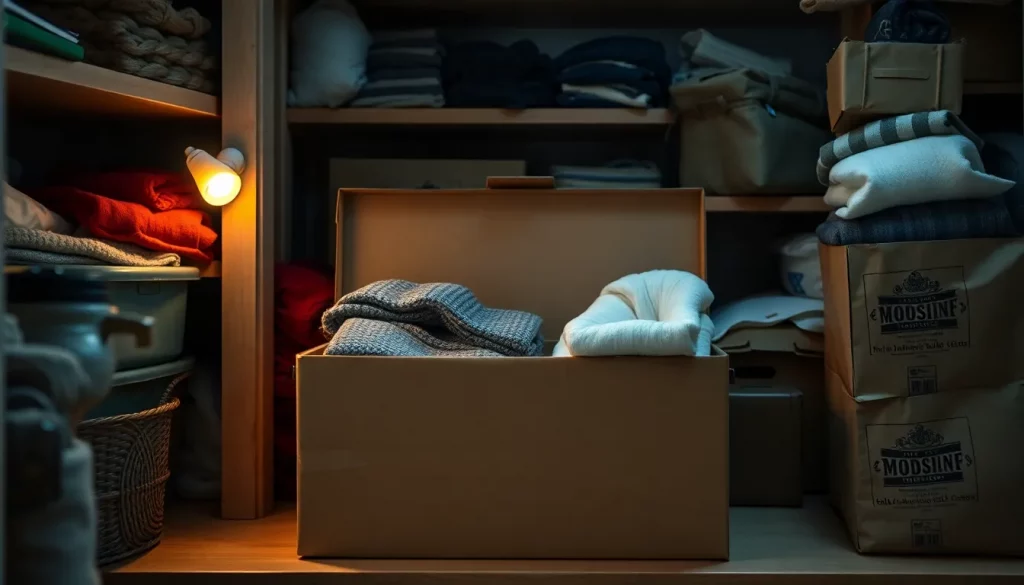 Ordnung im Keller: Durchsichtige Aufbewahrungsbox mit Textilien neben einem alten Pappkarton.