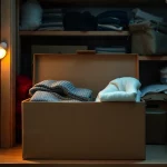 Ordnung im Keller: Durchsichtige Aufbewahrungsbox mit Textilien neben einem alten Pappkarton.