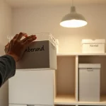 Aufgeräumter Keller mit beschrifteten Aufbewahrungsboxen in einem Regalsystem