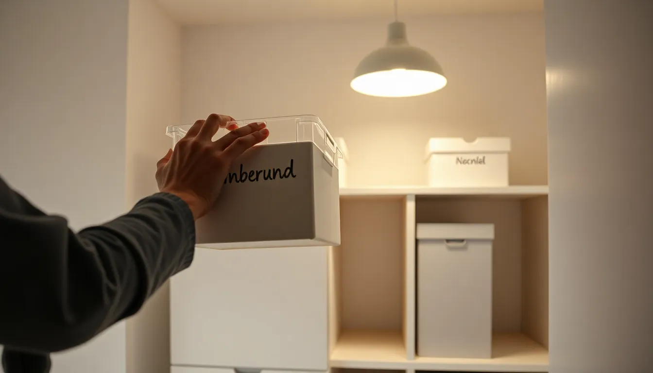 Aufgeräumter Keller mit beschrifteten Aufbewahrungsboxen in einem Regalsystem