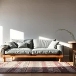 Moderne Wohnzecke mit nachhaltigen Materialtrends: Leinen, Holz, recycelte Fasern und Glas.