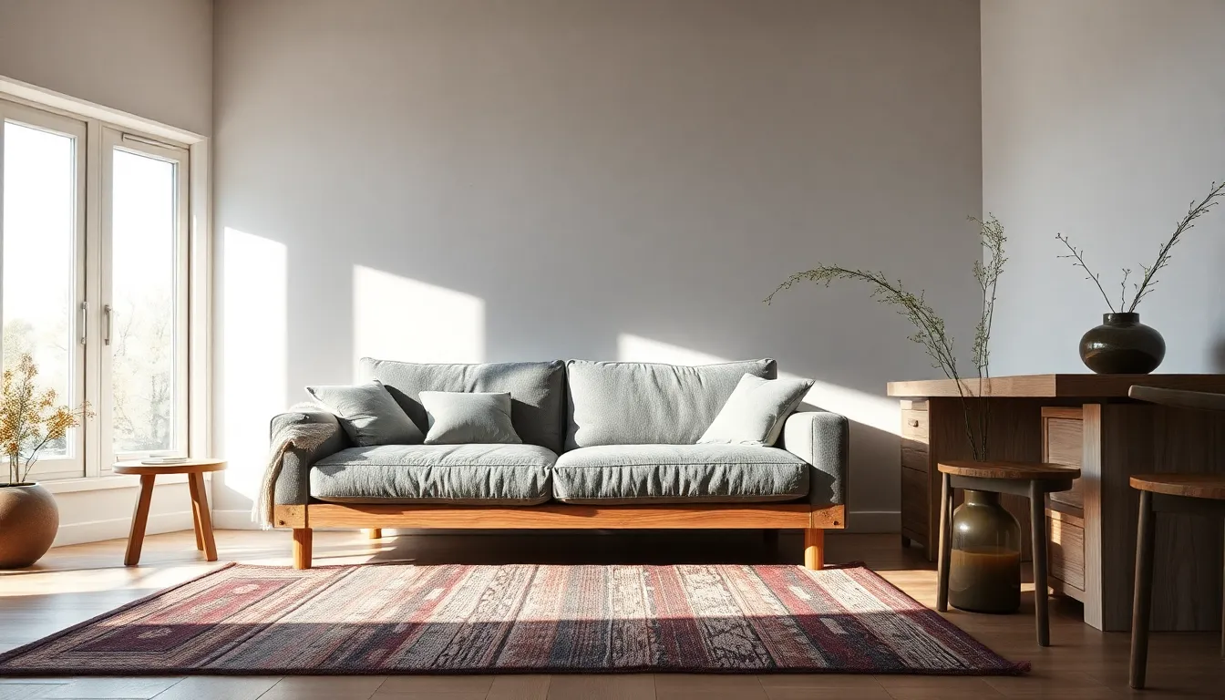 Moderne Wohnzecke mit nachhaltigen Materialtrends: Leinen, Holz, recycelte Fasern und Glas.