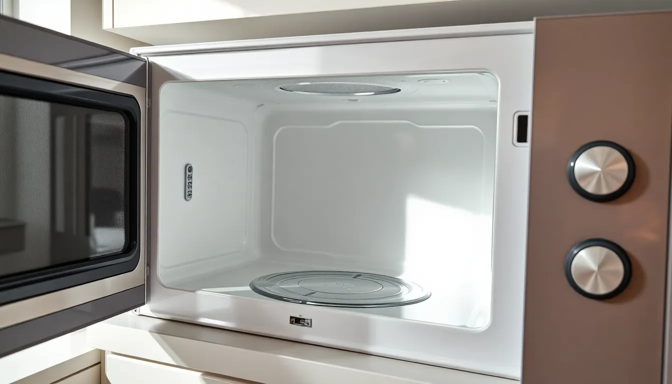 Detailaufnahme einer Mikrowelle mit beschädigtem Innenraum und defekter Mica-Platte als Ursache für Blitze.