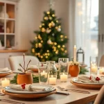 Moderne Weihnachtstischdekoration mit nachhaltigen Materialien in trendigen Farben