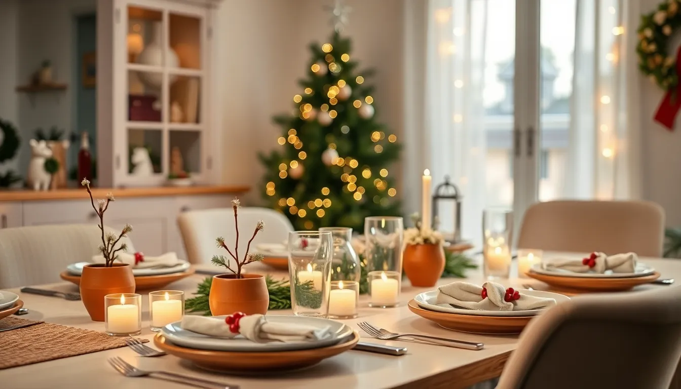 Moderne Weihnachtstischdekoration mit nachhaltigen Materialien in trendigen Farben