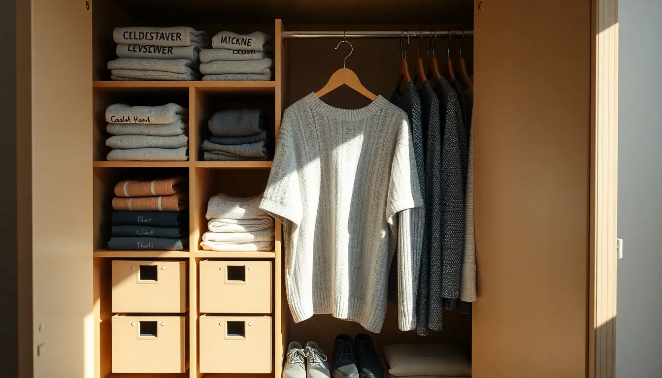 Perfekt organisierter und aufgeräumter Kleiderschrank mit sortierter Kleidung