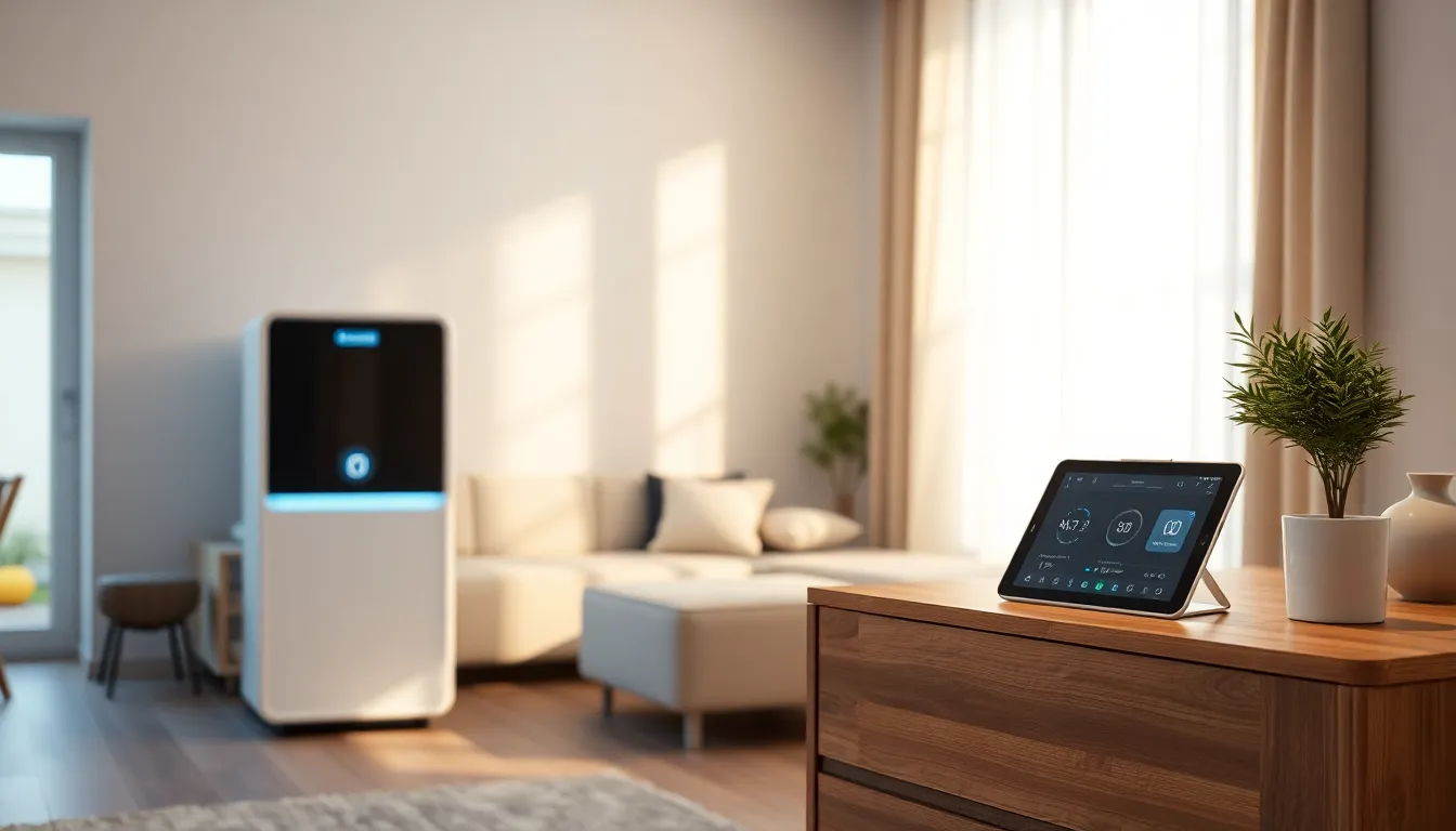 Smart Home Saugroboter startet Reinigung, gesteuert über Tablet-App in einem modernen Wohnzimmer.