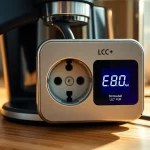 Smarte Steckdose mit Energieverbrauchsdisplay, an die Kaffeemaschine und Fernseher angeschlossen sind.