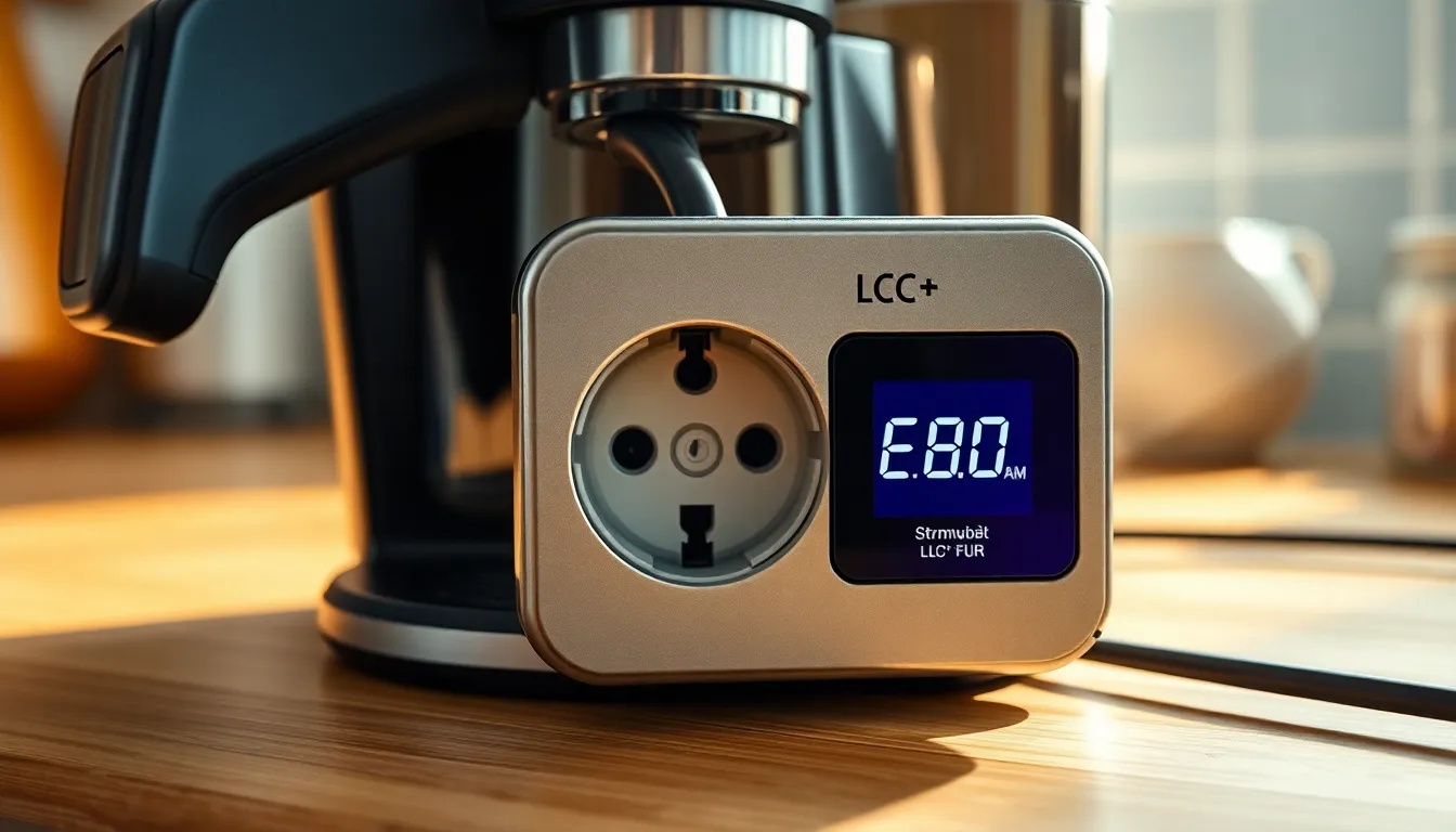 Smarte Steckdose mit Energieverbrauchsdisplay, an die Kaffeemaschine und Fernseher angeschlossen sind.