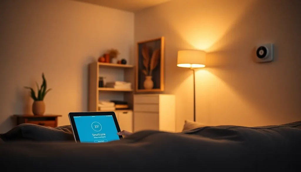 Moderne Smart-Home-Steuerung in einer Wohnzimmer-Ecke mit Tablet und intelligenten Geräten.