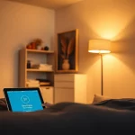Moderne Smart-Home-Steuerung in einer Wohnzimmer-Ecke mit Tablet und intelligenten Geräten.